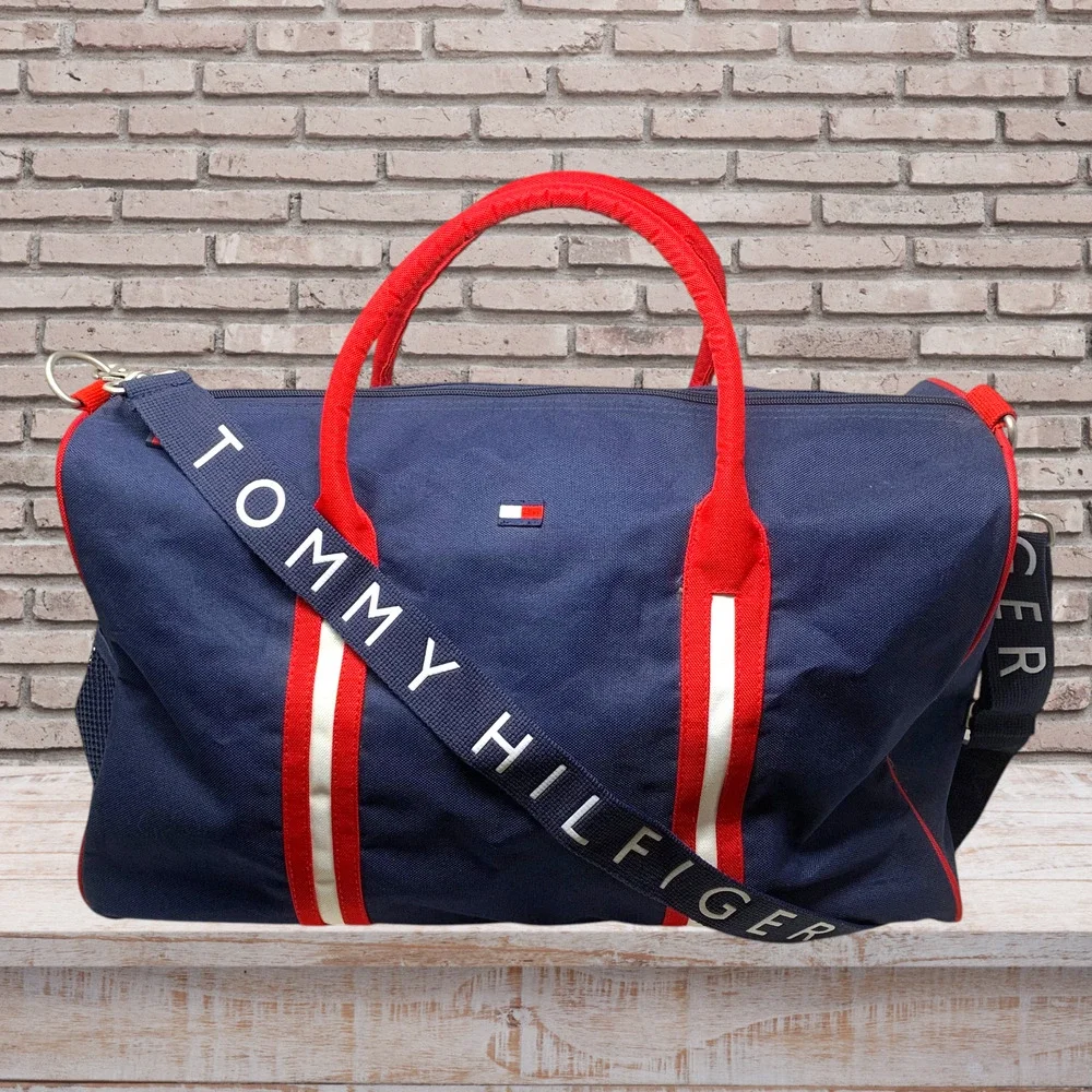 Vintage Tommy Hilfiger Navy Red Nylon Duffle Bag Spellout 90s Y2K Gym Weekender